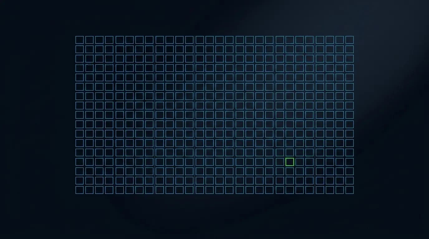 Dark navy grid of small square cells representing a working week of hours, with one empty cell outlined in signal green